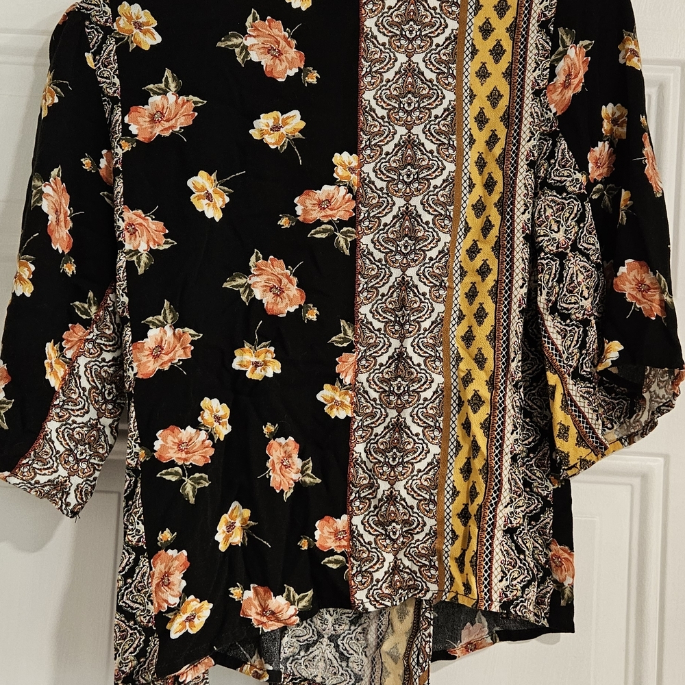 Blue Rain Floral Wrap Blouse - Black, Yellow, and Orange - Picture 6 of 6